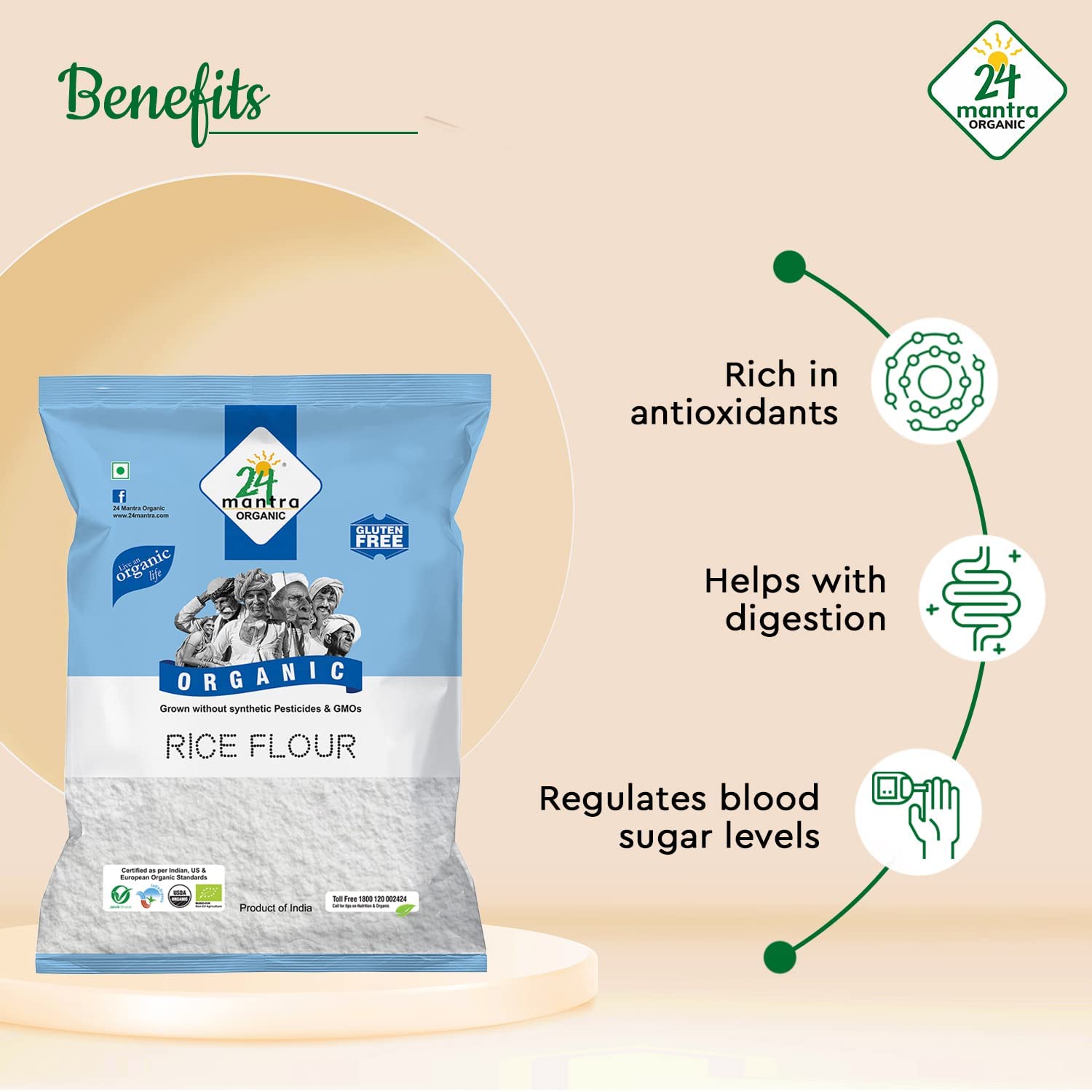 Organic Rice Flour Pure White - Rice Atta - ★ USDA Certified Organic - ★ European Union Certified Organic - ★ Pesticides Free - ★ Adulteration Free - ★ Sodium Free - 2 lb - 24 Mantra Organic