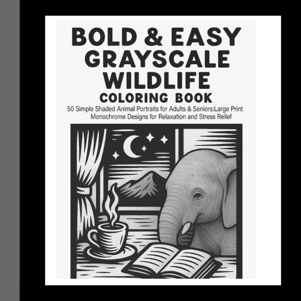 Bold & Easy Grayscale Wildlife: 50 Simple Shaded Animal Portraits for Adults & Seniors: Large Print Monochrome Designs for Relaxation and Stress Relief.