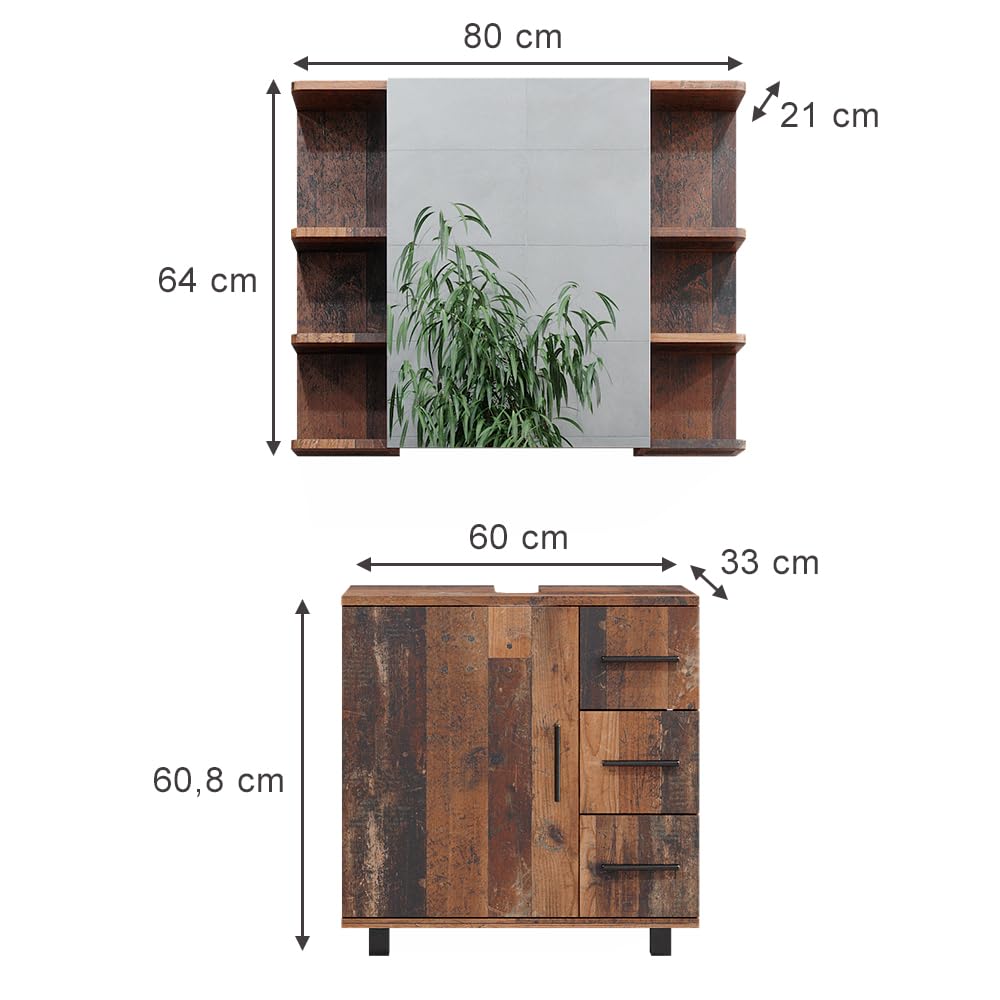 Vicco Set di mobili da bagno Ilias, Rovere rustico, 60 cm, composto da specchio da bagno e mobile sottolavabo