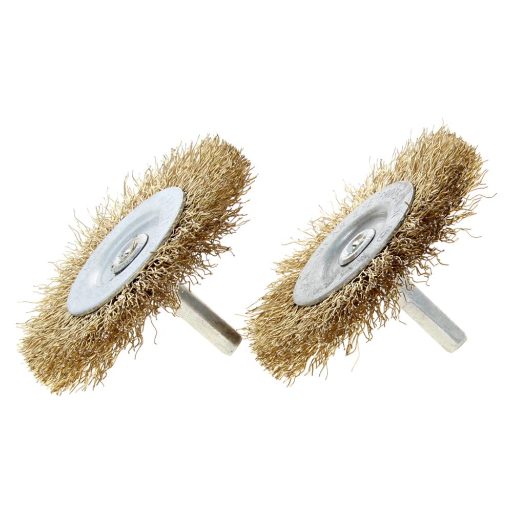 Utoolmart Wire Wheel Brush, with 1/4-inch Shank Steel Wire Brush, Wire Brush for Drill, 65mm Wire Brush, Copper-Plated Yellow Steel Wire, for Removing Rust Polishing Metals, 2 Pcs