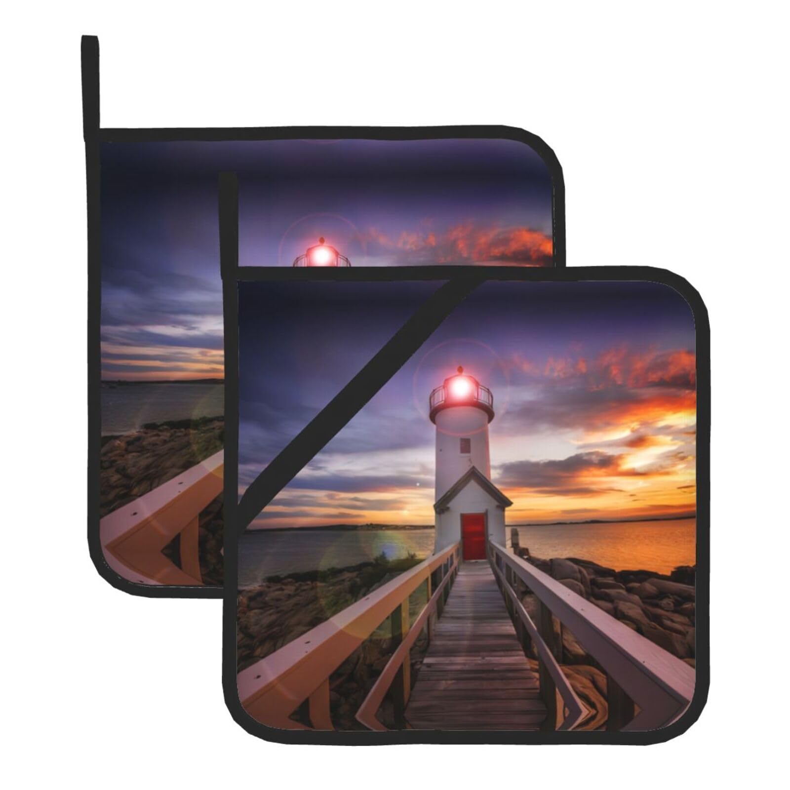 WHJSSF Lighthouse Prints Square Pot Holders - Heat Resistant Kitchen Trivets 2-Pack - Waterproof Covers for Hot Dishes, Oven & Grill with Hanging Loop