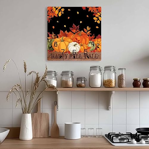 Miniatura 9 de Debedcor Pumpkin Thanksgiving Wooden Wall Clock Silent Non Ticking, Black Autumn Leaf Happy Fall Y'all Square Wall Clock Battery Operated, Decor