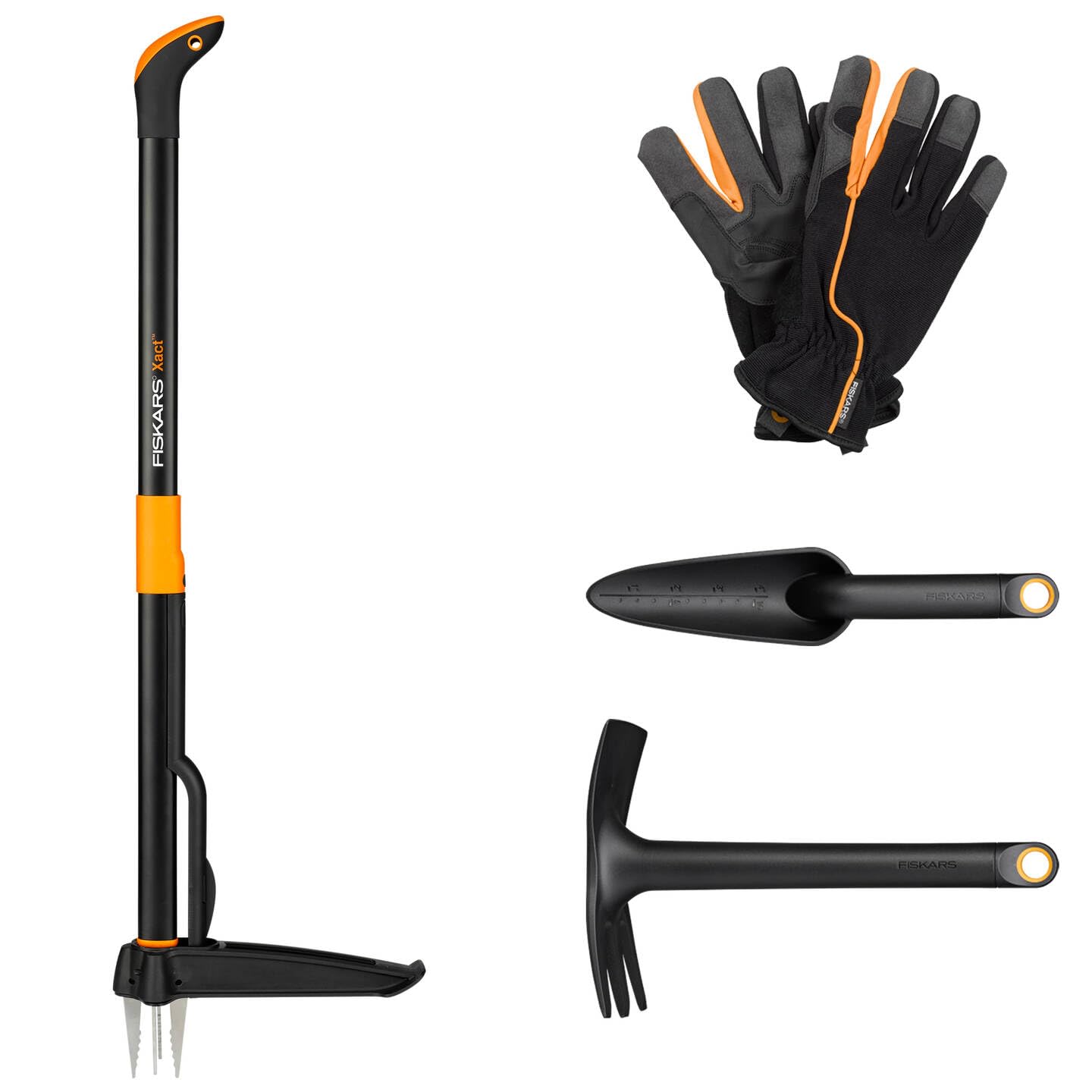 Fiskars Set di Attrezzi da Giardino, 4 pezzi, Sarchiatore Xact, Acciaio Inox/Plastica, Zappa e Cazzuola Combinata Solid, FiberComp,Guanti da Giardino, Misura: 10, Nero/Arancio, 1077308