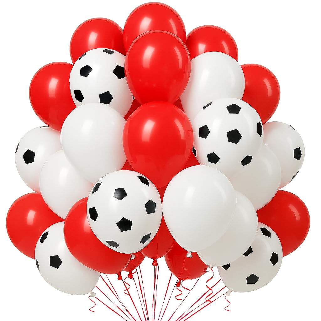 Red White 10inch Football Set 30Pcs Party Balloons Latex Thick Soccer Party Decorations for Birthday Sports Events Kids Parties & Match Day Celebrations