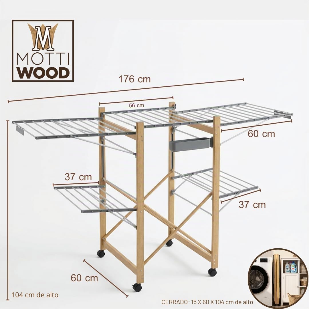Stendibiancheria Plegable XXL, 4 Alas Laterales, Maxi Stendino Plegable y Ahorrador de Espacio, 25Kg de Ropa, Stendi para Interior y Exterior, 176 x 60 x 104 h cm, 4 Ruedas Giratorias