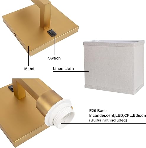 Miniatura 7 de Yosoan Juego de 2 apliques de pared de tela bohemia de lino con interruptor de encendido y apagado, tocador de latón, retro, cableado para