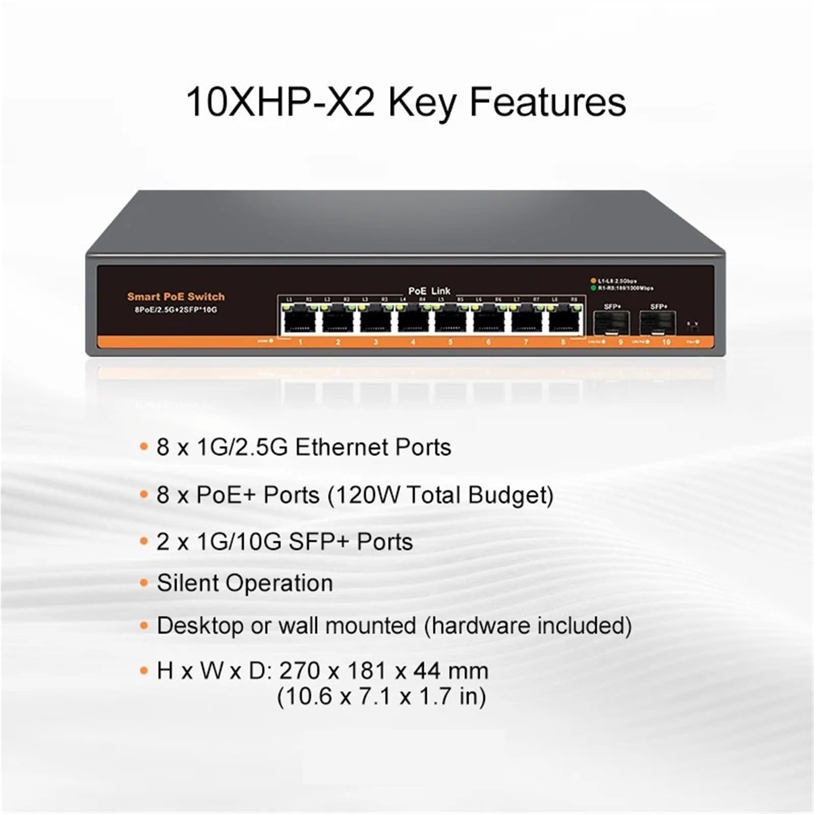 Commutateur Industriel Switch Ethernet Non géré Multi-gigabit à 10 Ports avec 8 Ports IEEE 802.3af/at PoE+ et 2 x 10 GB SFP+ for Liaison Montante(Switch with JP Adapter)