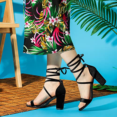 Allegra K Women's Faux Velvet Lace Up Chunky Black Heel Strappy Sandals 6.5 M US