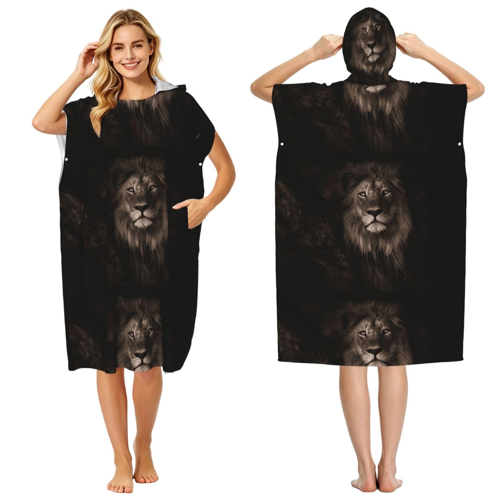 Poadnly 3D Lion Fall, Adult Hooded Beach Towel 90 x 110 cm,Changing Bath Robe, Surf Poncho Towel For Women Men