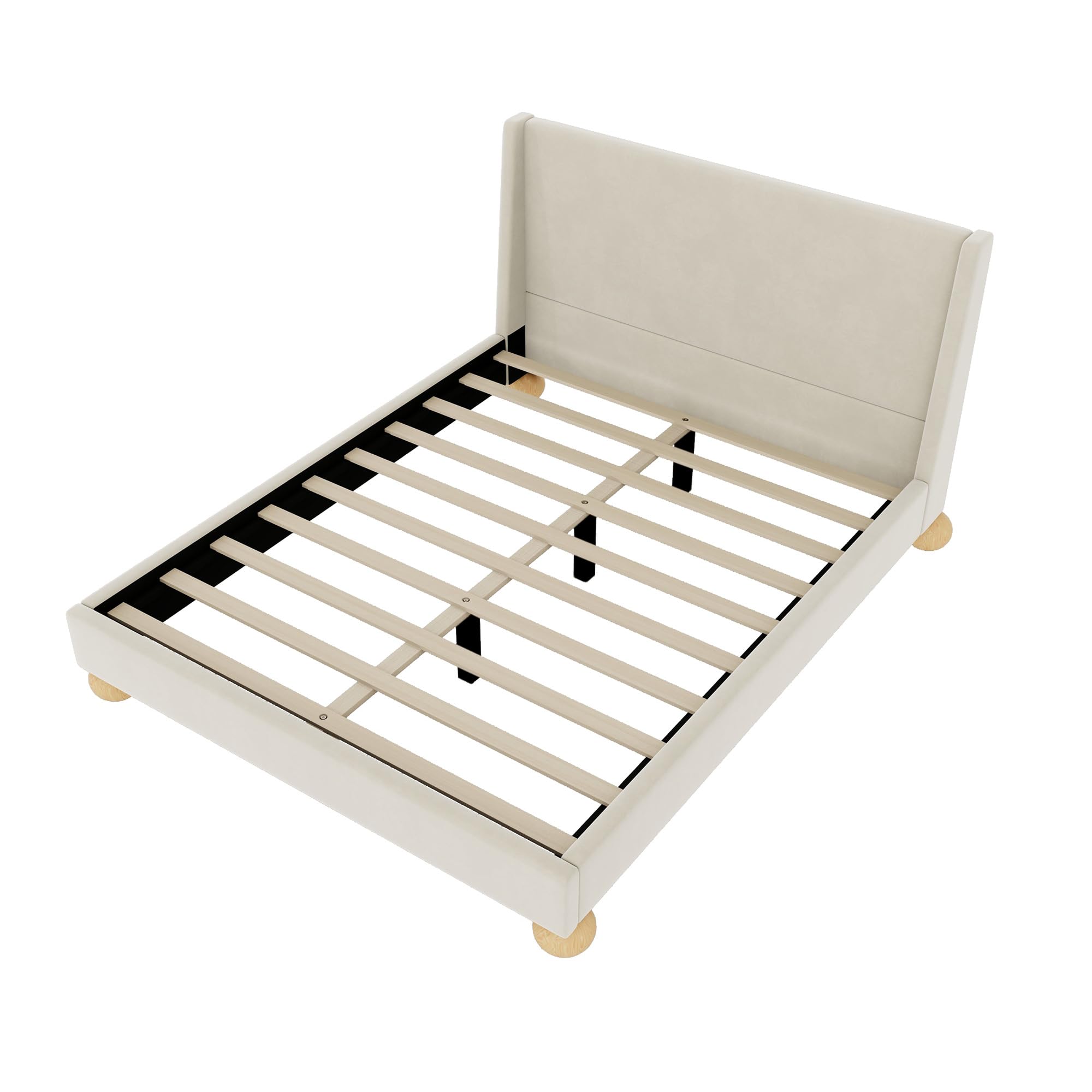 (BOX 2 OF 2) Queen Size Platform Bed Frame with Wingback Headboard and Round Wooden Legs, Modern Upholstered Bed with Solid Wood Slats Support, No Box Spring Needed, Easy Assembly (Cream, Queen)