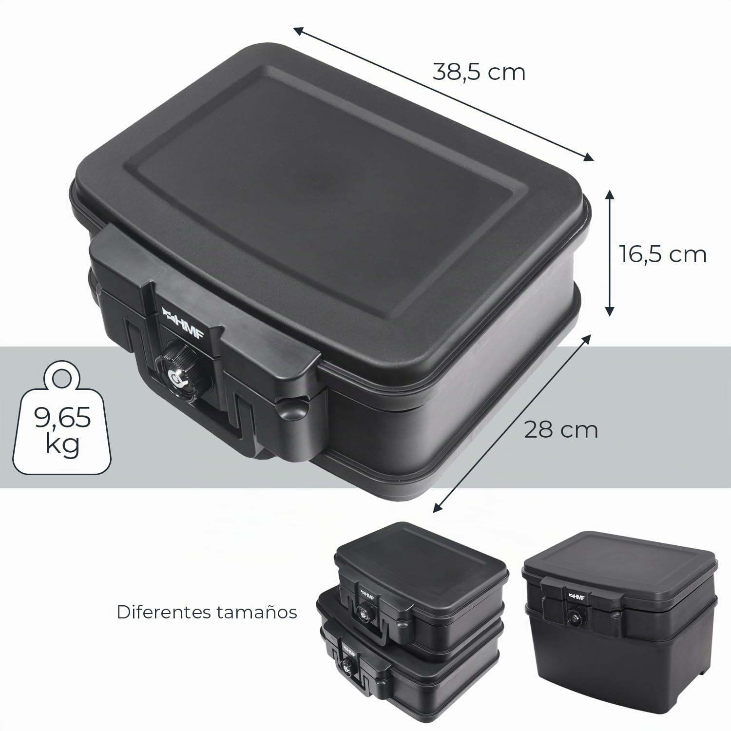 HMF 250451 Caja fuerte portátil con llave, caja para documentos o joyas | Ignífuga, impermeable | DIN A5 | 38,5 x 16,5 x 28 cm | Negro