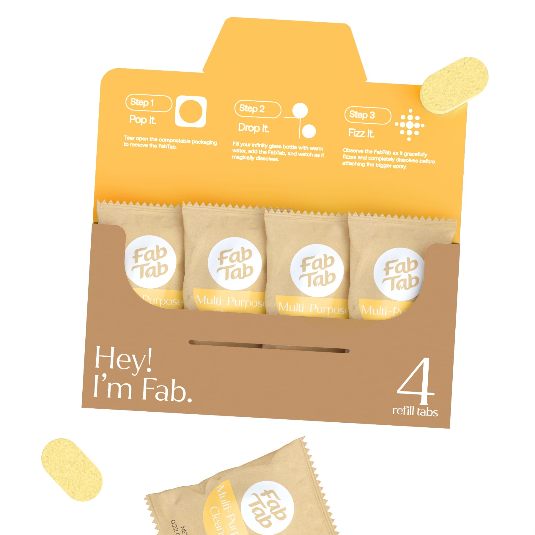 Fab TabMulti-Purpose Cleaning Spray Refill Tablets - All-Purpose Cleaner Spray Tablets - Natural Cleaning Products - Plant-Based - No Harsh Chemicals - 4 tablets (Glass bottle NOT included)