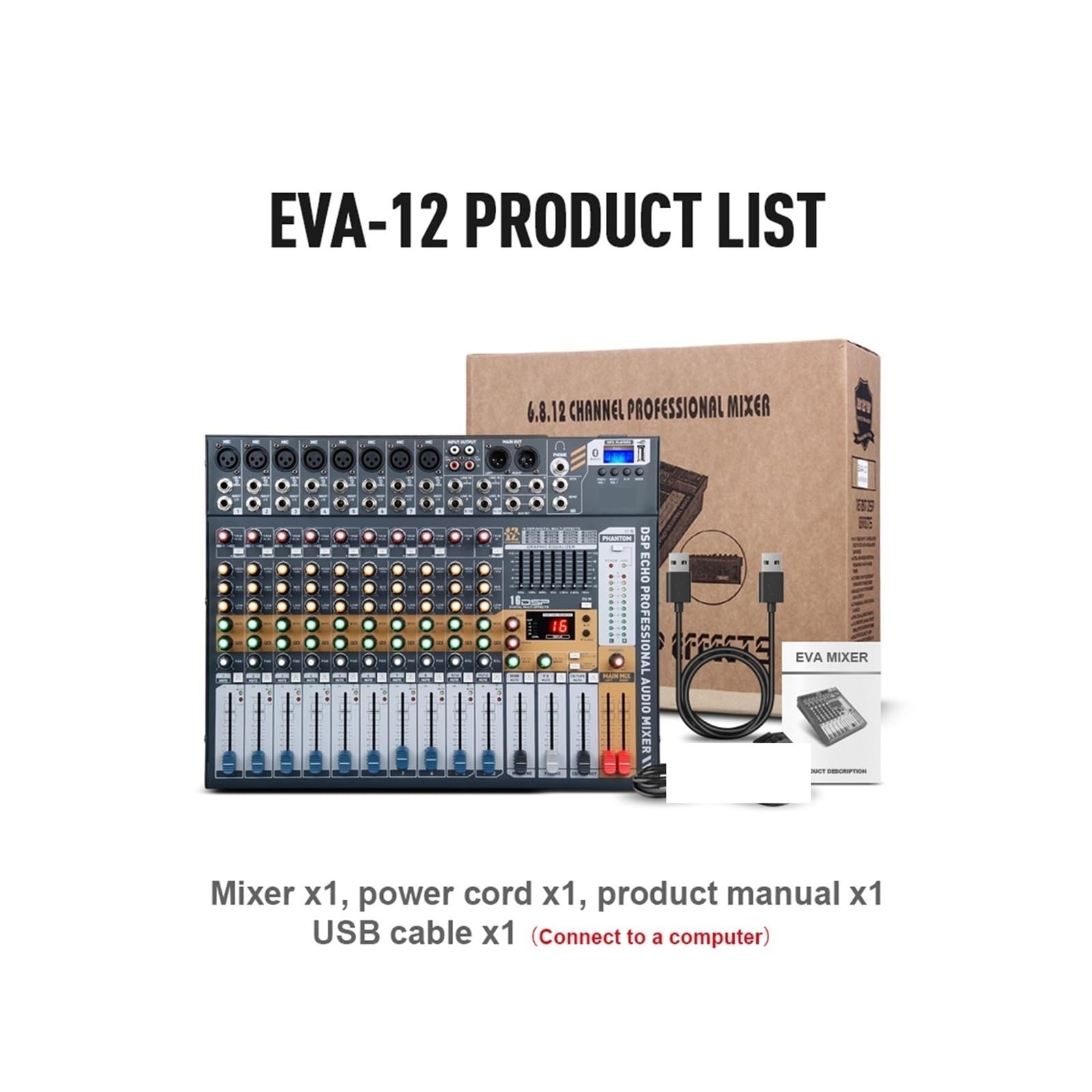 Mezclador de audio, ¡Sonido limpio! Mezclador DJ de 12 canales con alimentación Phantom 48 V y USB for grabación en escenario Para karaoke en estudio