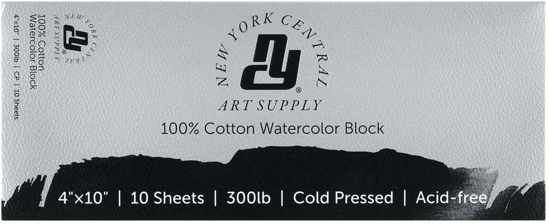 New York Central Watercolor Block, 300 lb Cold Press 8"x8", 10 Total Sheets, Archival Watercolor Paper for Artists, Gelatin Sized, Durable Water Color Paper, Suitable for Wet and Dry Media