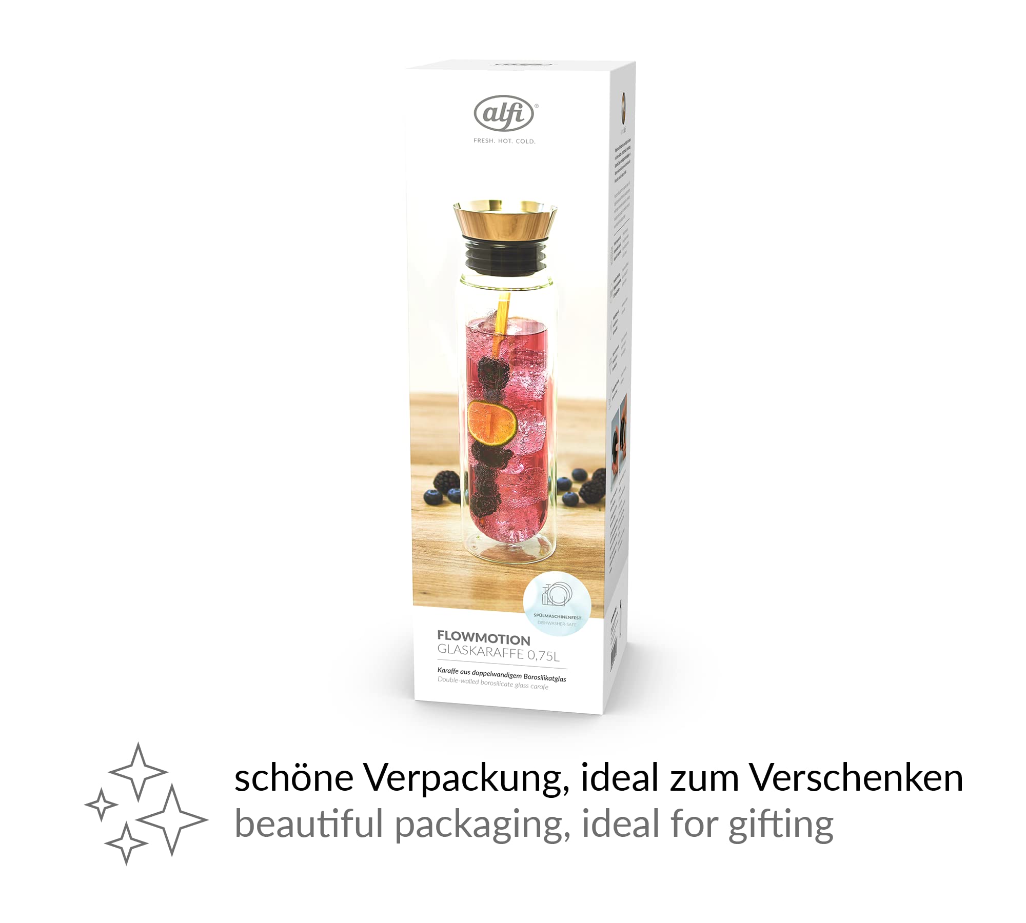 Alfi FLOWMOTION 0,75l, de Vidrio de borosilicato de Doble Pared, vertido automático, criba integrada, Tapa Desmontable, Apta para lavavajillas, Jarra de Vidrio isotérmica