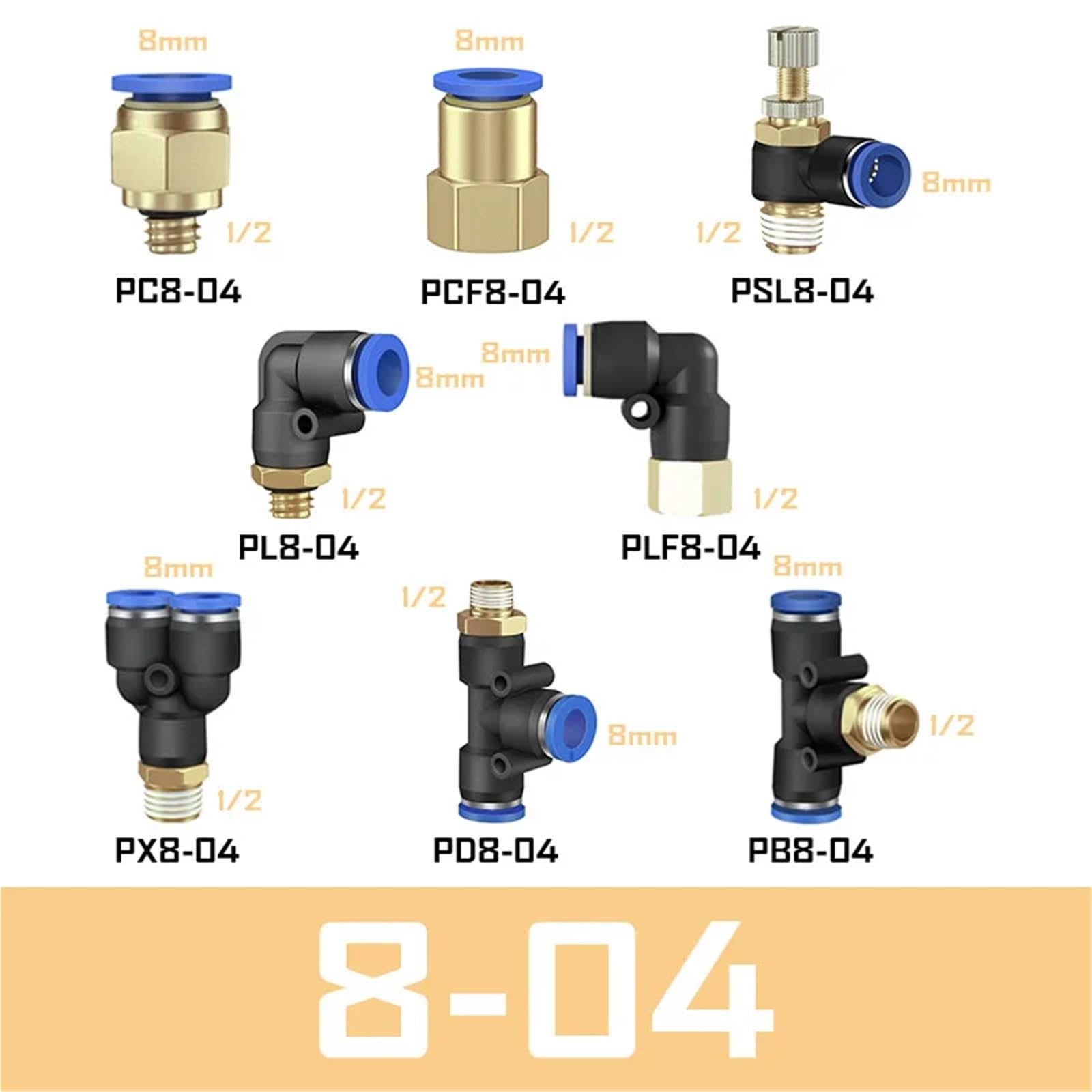 Pneumatischer Luftanschluss, PC, 4 mm, 6 mm, 8/10 mm Gewinde, 1/8, 1/4, 3/8, 1/2 Schlauchverschraubungen (8-04)