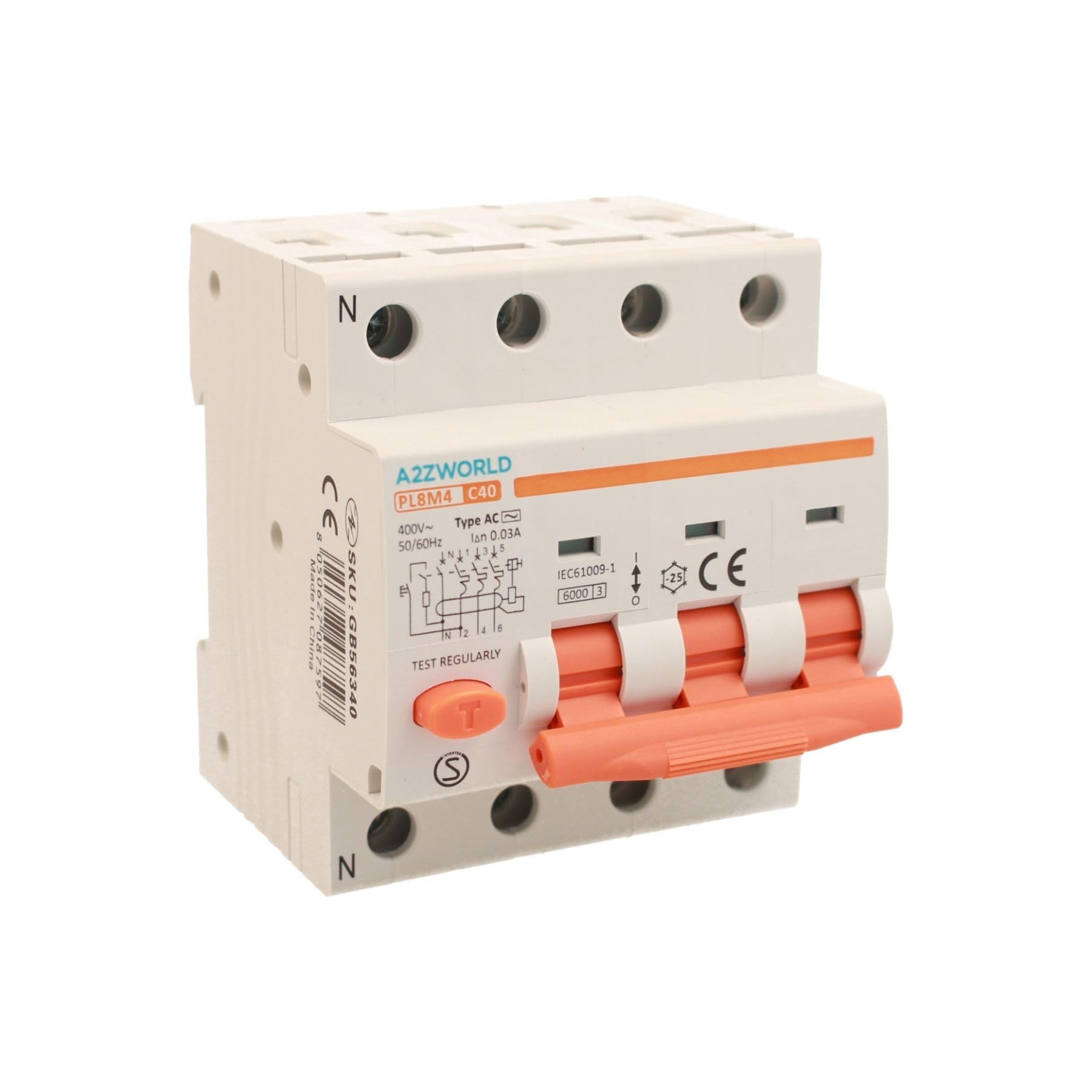 Interrupteur différentiel magnétothermique triphasé 30 mA 40 A C40, RCBO type AC courbe C, 3P+N 6 kA 400 V, occupe 4 modules DIN
