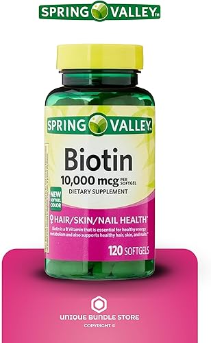 Miniatura 6 de Spring Valley - Cápsulas blandas de biotina de 10000 mcg, 120 unidades, biotina 10000 mcg, suplemento dietético para la salud del cabello, piel y