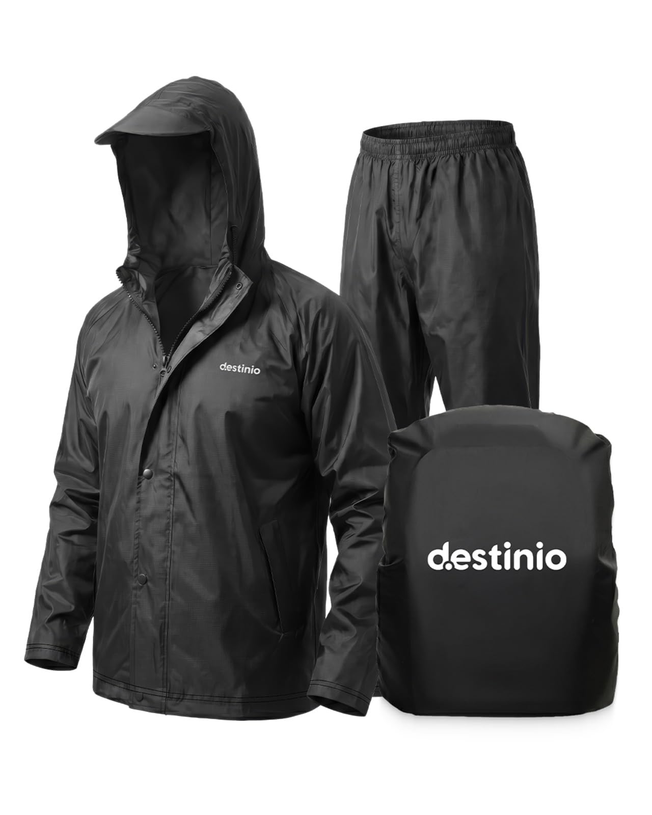 Raincoat & Backpack Rain Cover Combo, Waterproof Rain Suit for Men with Hood, Double Layer Jacket & Trouser Set for Bike Riding, XL Black + Waterproof Bag Rain Cover, 20L-55L