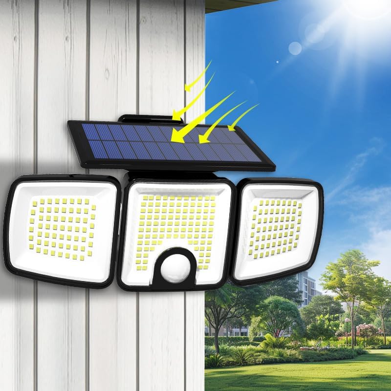 Luces solares para exteriores con sensor de movimiento, 223 luces LED de seguridad, reflector LED impermeable IP65, 3 cabezales ajustables, luz de