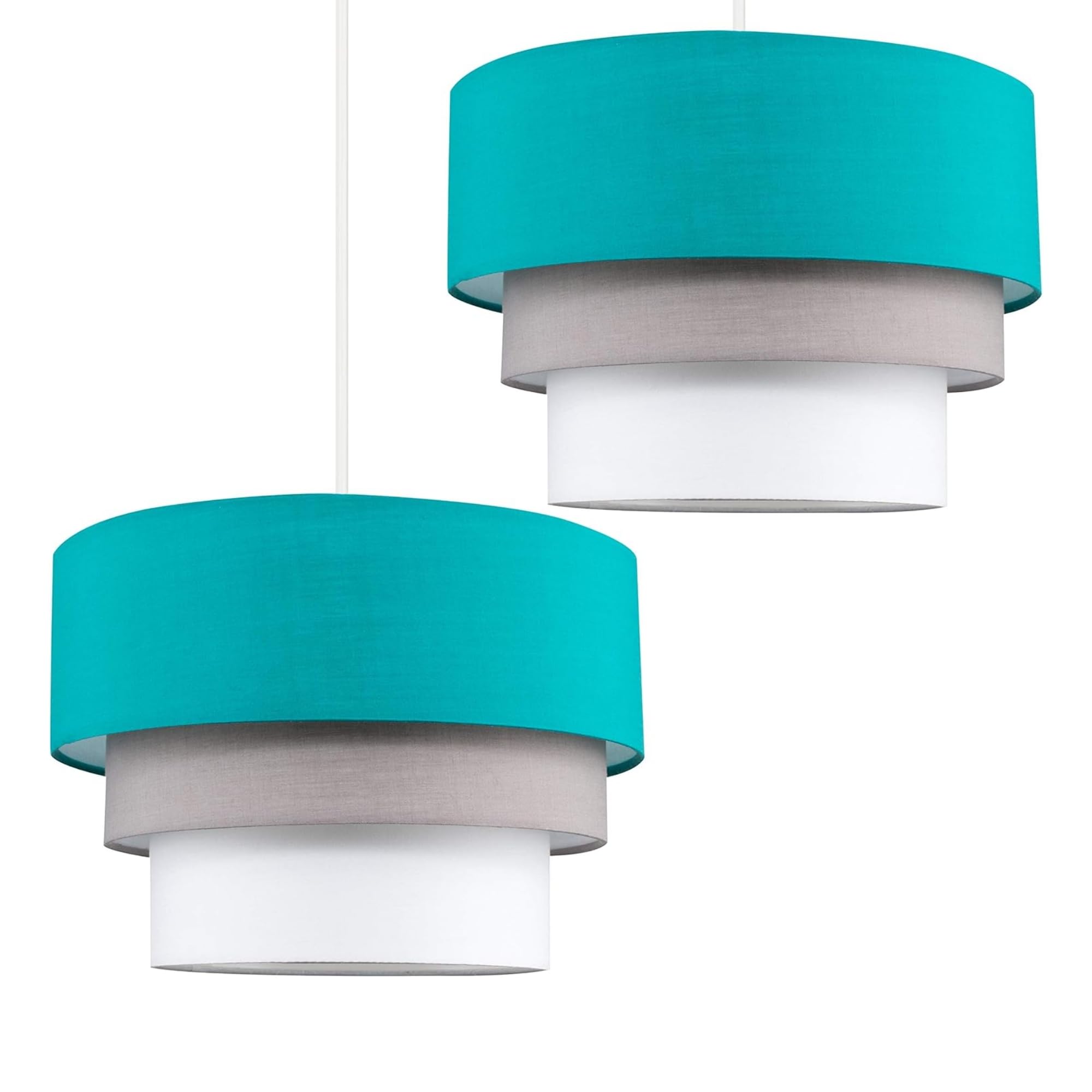 MiniSun | Modern Round 3 Tier Turquoise Teal, Grey and White Fabric Ceiling Light Shades | Pendant Lights, Home Décor & Improvement Essential | Set of 2 | 30cm Shade Width