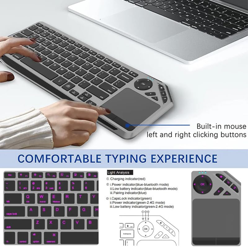 JOMAA 2.4G Wireless Bluetooch Dual Mode Connection TV Keyboard with Touchpad Media Control Multimedia Rechargeable 7Color Backlit Keyboard for Computer, Smart TV, Desktop, Laptop, iPad, Tablet