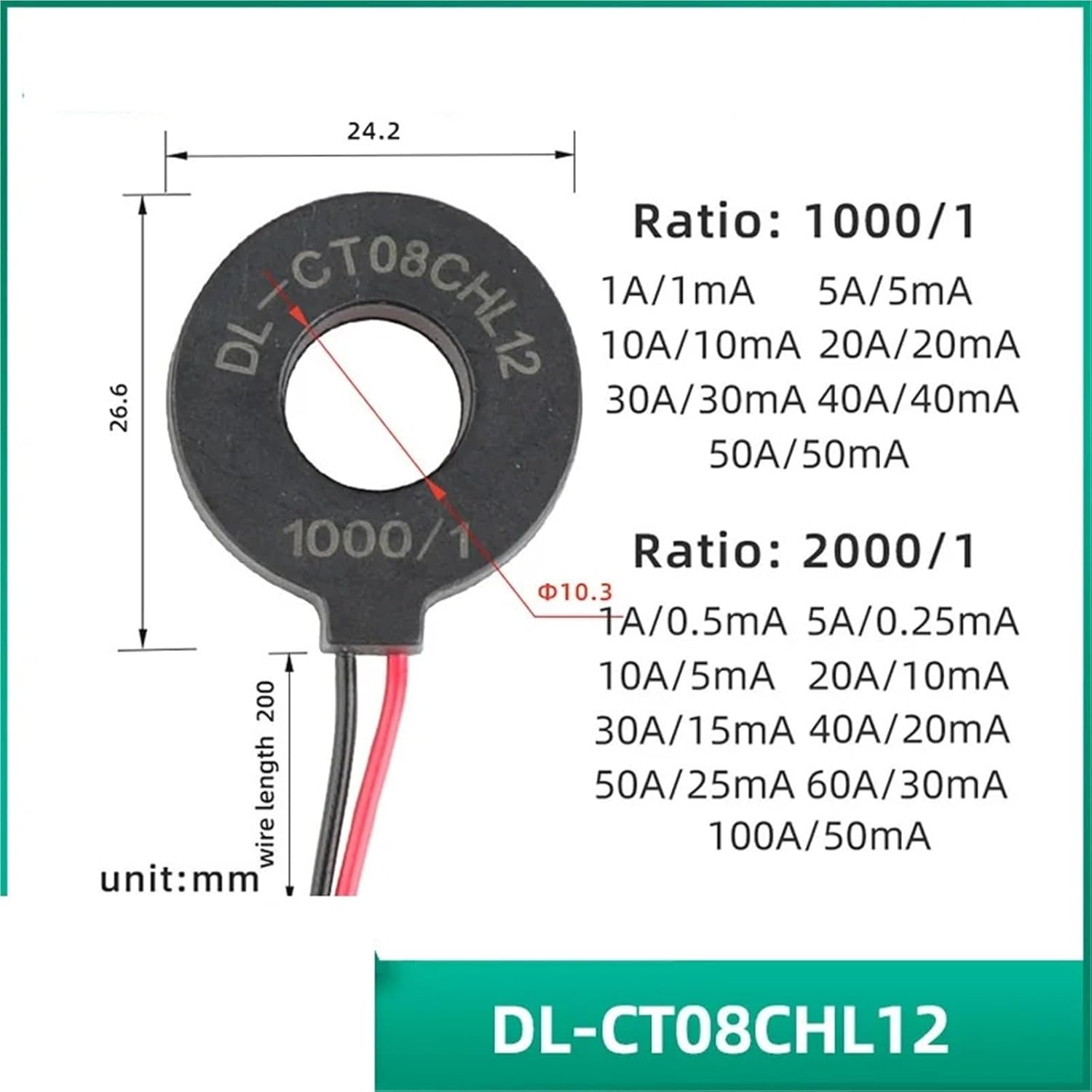 DL-CT08CHL12 1000/1 2000/1 Current Transformer Toroidal CT AC 1A 5A 10A 20A 30A 50A 60A Mini 1Pcs(DL-CT08CHL12 1000-1)