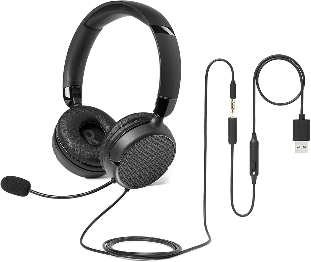 Amazon Basics On Ear Wired Computer Headset with Adjustable Microphone, 3.5mm Port or in-Line Control with USB-A Port, Foldable, Clear Sound, Small/Medium Size, Black — 사진 1
