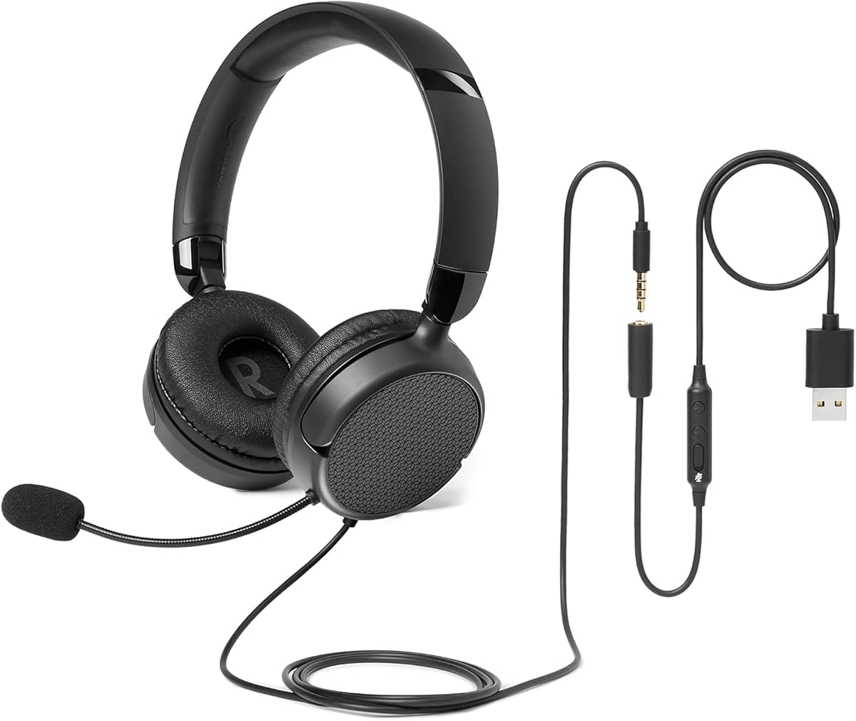 Amazon Basics On Ear Wired Computer Headset with Adjustable Microphone, 3.5mm Port or in-Line Control with USB-A Port, Foldable, Clear Sound, Small/Medium Size, Black