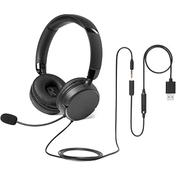 Amazon Basics Over-Ear Computer Headphones with Cable, Adjustable Microphone, 3.5mm Connector, Wired Control with USB-A, Fold