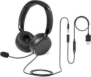 Amazon Basics On Ear Wired Computer Headset with Adjustable Microphone, 3.5mm and USB-A Ports, Foldable, Small/Medium Size, Black