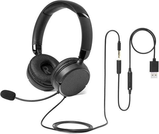 Amazon Basics On Ear Wired Computer Headset with Adjustable Microphone, 3.5mm Port or in-Line Control with USB-A Port, Foldable, Clear Sound, Small/Medium Size, Black