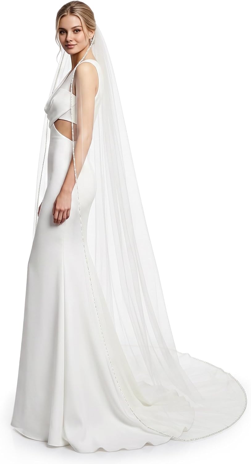 INVGEEXI Wedding Veil with Pearls and Crystals Beaded Edge, 1 Tier Soft & Lightweight Bridal Veils for Women Wedding