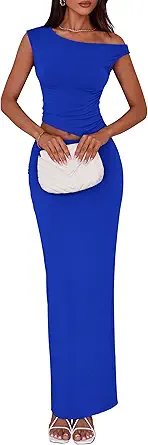 PRETTYGARDEN Skirt Sets Women 2 Piece Outfits Summer 2025 One Shoulder Sexy Ruched Bodycon Maxi Long Skirts