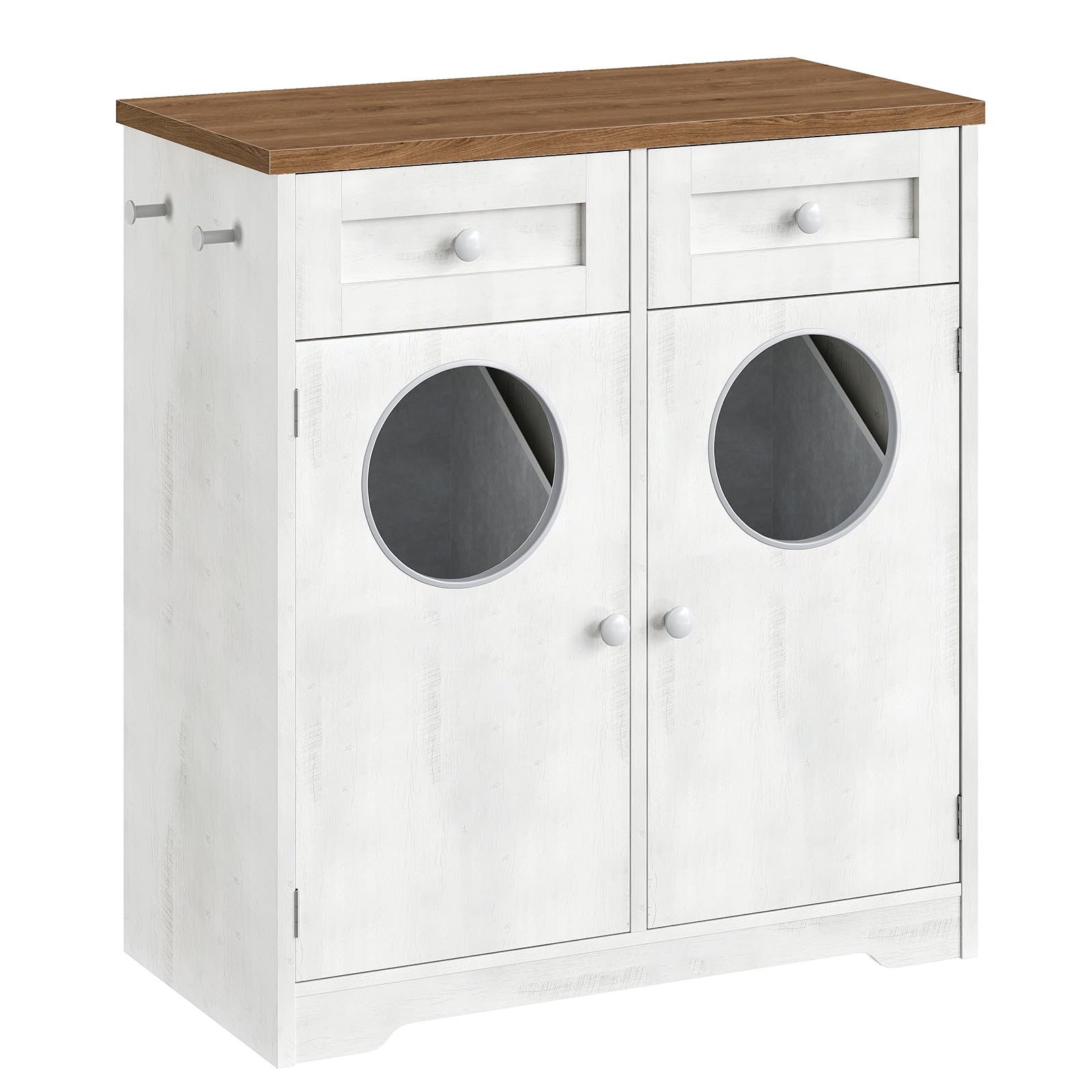 HOOBRO Mobile Portabiancheria per Bagno con Doppio Cesto Portabiancheria Inclinabile, Mobiletto Bagno con 2 Cassetto, 2 Sportelli, per Bagno, Lavanderia, Bianco e Noce EWHZ36XY01