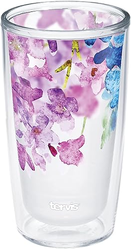 Tervis Vaso aislado de cristal de doble pared hecho en Estados Unidos con acuarela floral morado que mantiene las bebidas frías y calientes, 16