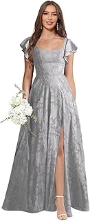 Floral Bridesmaid Dresses for Women Long A-Line Square Neck Lace Formal Evening Gown with Sleeves Slit