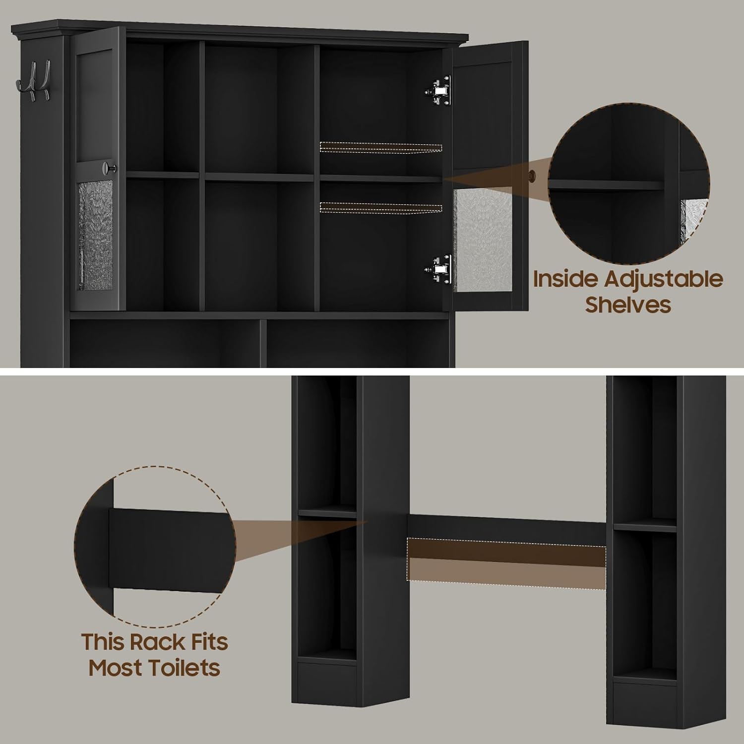 Halitaa Over The Toilet Storage Cabinet, Bathroom Shelf Over Toilet with Hammered Grain Glass Doors and Adjustable Shelves, Modern Space Saving Rack Cabinet for Bathroom, Laundry (Simple Black)