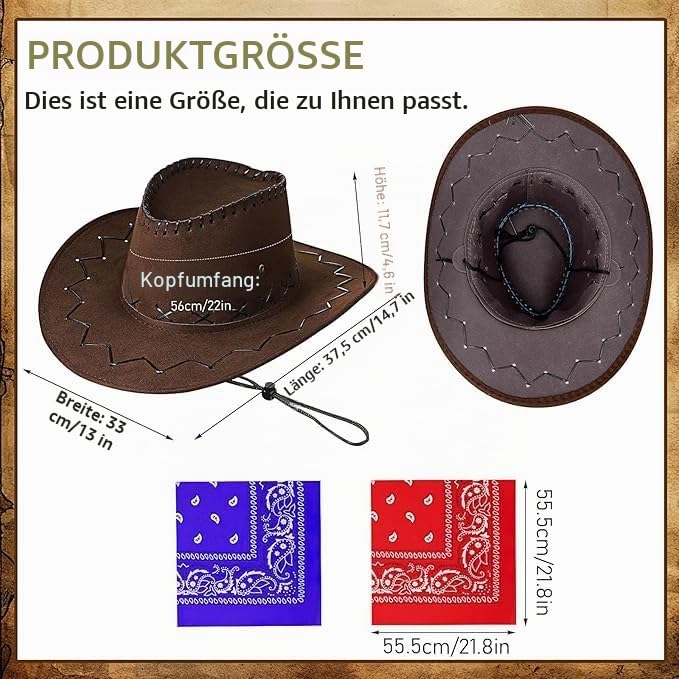 12 Stück Cowboyhut Faschingshut mit Bandana, Cowboy Karneval,Westernstyle Karnevalskostüm Faschingskostüm Herren Damen Western Party für Damen Herren