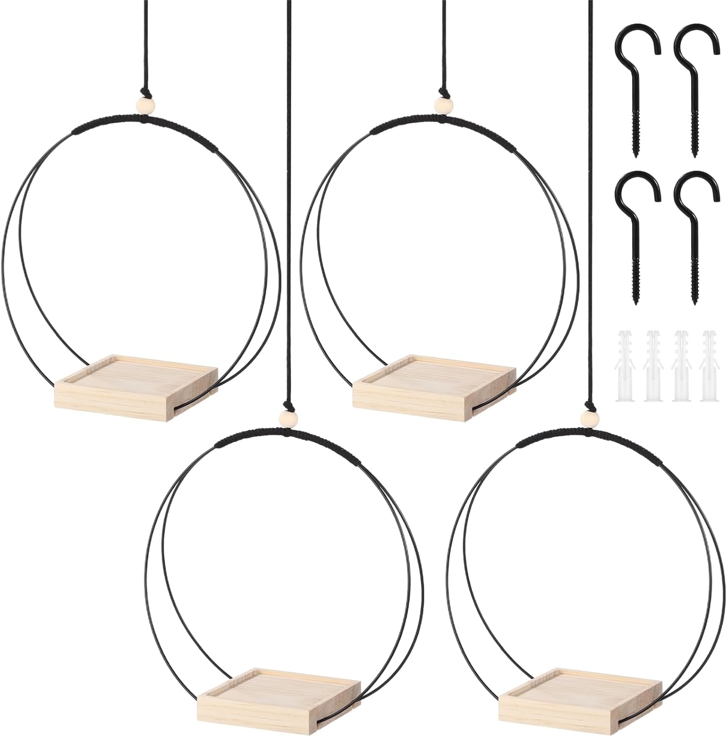 4 PCS Hanging Planters with Wood Base for Indoor Plants, Modern Boho Macrame Plant Hanger for Indoor Outdoor Window Wall Ceiling Home Decoration, with Hooks