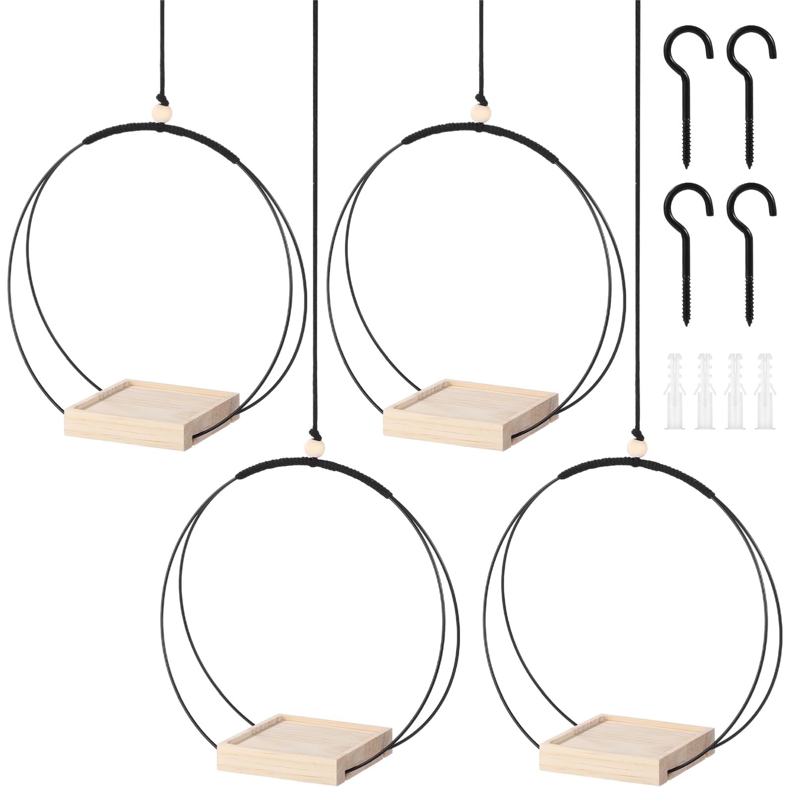 Lot de 4 suspensions en métal avec base en bois, support de plantes d'intérieur en macramé avec crochets pour chambre, balcon, jardin