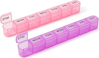 2-Pack Weekly Pill Organizer, 7 Day Large Pill Box with Clear Compartments, BPA-Free Medicine Case, Easy Open & Secure Close, Travel Pill Holder for Vitamins & Supplements - Pink&Purple