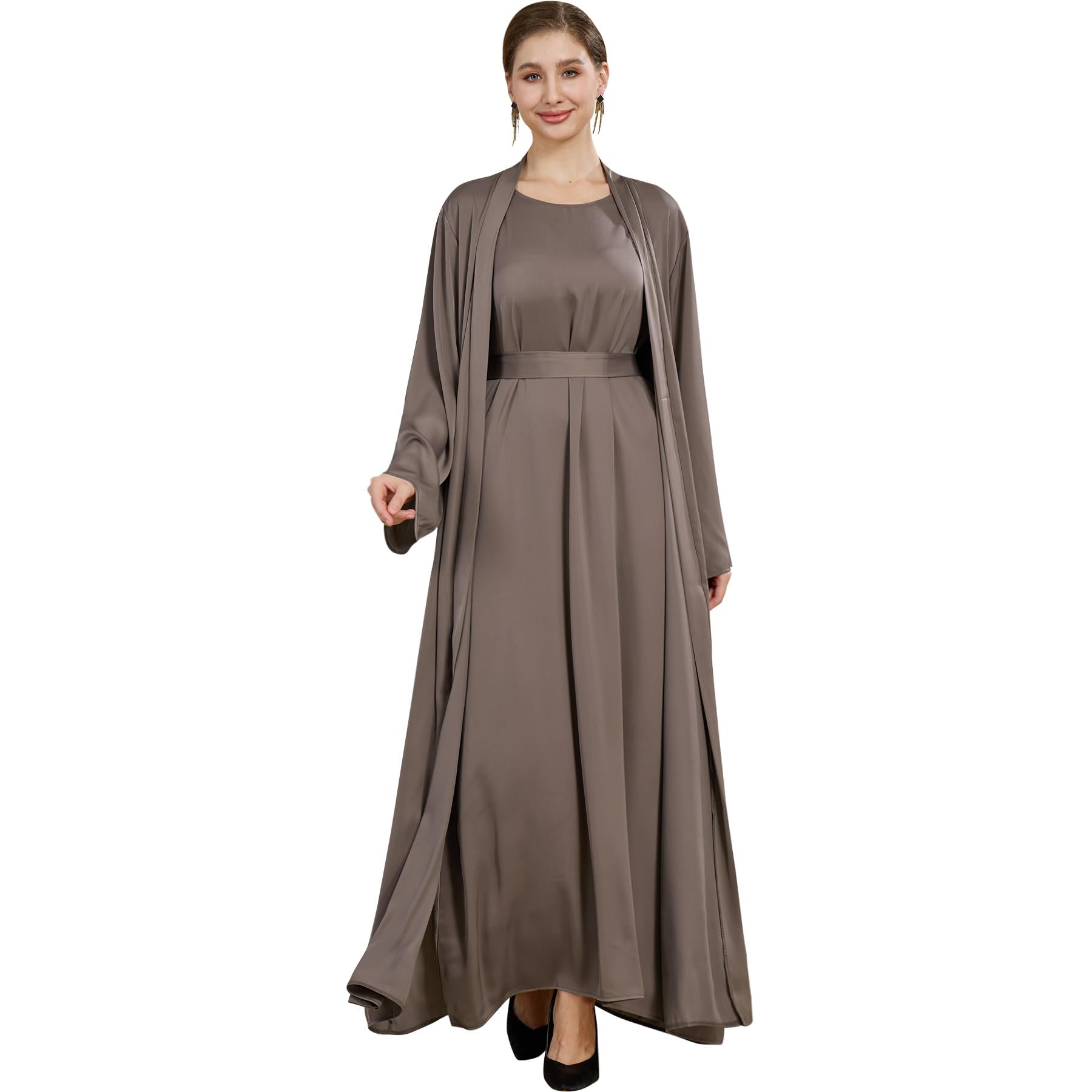 khalat Women Muslim Abaya Dress 2PCS Lightweight Satin Abaya Dress for Women Islamic Dubai Modest Kaftan Prayer Dress