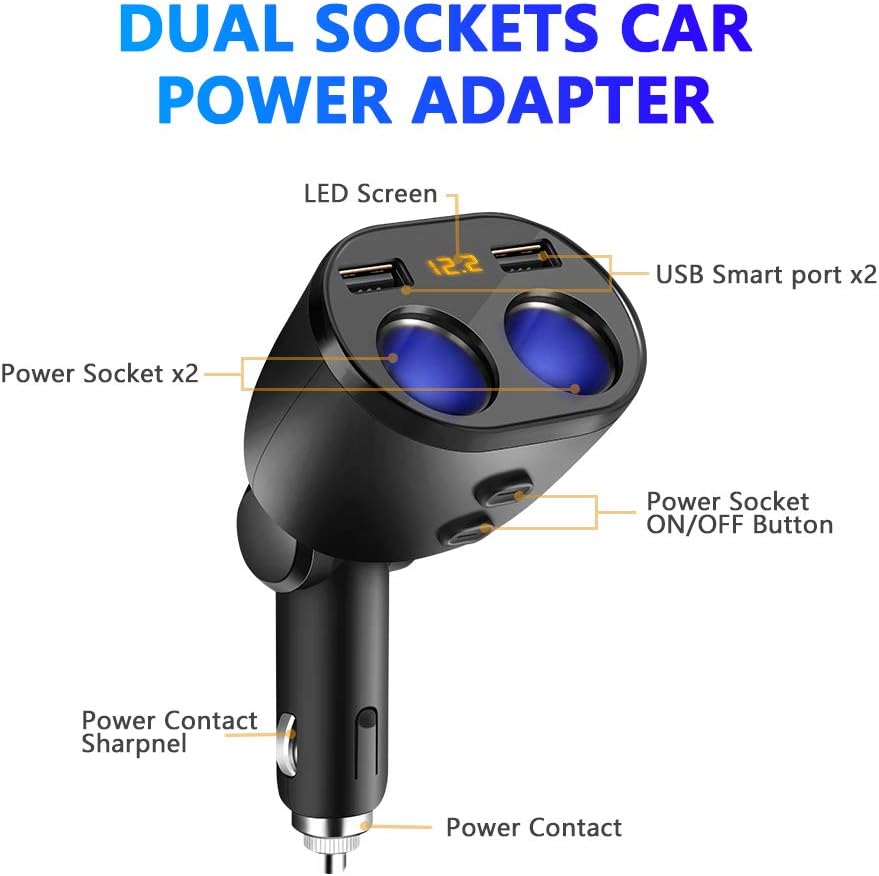 Rocketek USB Car Charger Splitter Adapter, 2 Socket Cigarette Lighter Multi Power Outlet 12V/24V 80W DC with LED Voltmeter Switch Dual USB Port for Mobile Phone Tablet GPS Dash Cam Samsung Tomtom