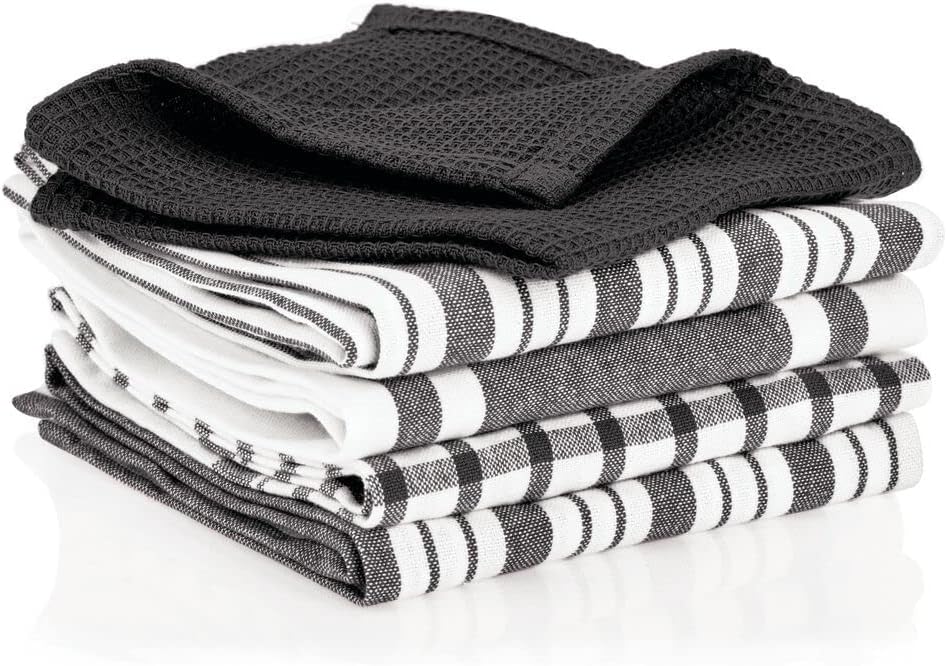mDesign Kitchen Towel Set, 100% Cotton, Waffle Texture and Striped Pattern, Store in Drawers, Cabinets or Hang on Racks, Set of 5 - Black