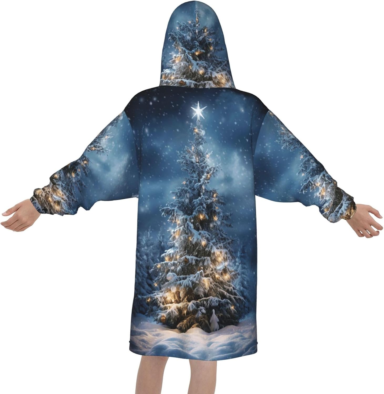 Christmas Tree Snow Print Oversized Blanket Hoodie, Wearable Blanket Hooded,Hooded Pullover With Pocket