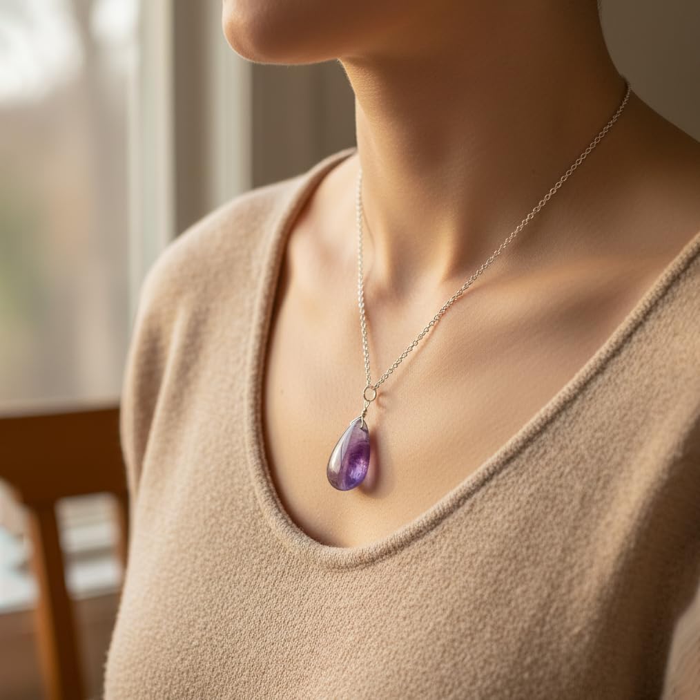 Natural Amethyst Pear Shape Pendant Necklace for Women | Silver Plated Hypoallergenic Anxiety Healing Crystal Jewelry | Tranquility Stone 16"+2" (Amethyst) - Image 3