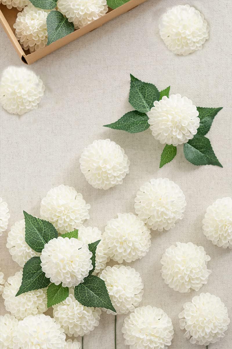 FLCSIed Artificial Dahlia Flowers 25pcs Real Looking Foam Fake Roses with Stems for DIY Wedding Bouquets White Bridal Shower Centerpieces Floral Arrangements Party Tables Home Decoration … (Ivory) - Image 3