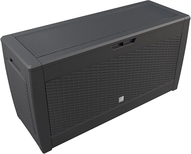 Deuba Garden Storage Chest 310L Hinged Lid Handles Wheels Rattan Look Outdoor Cushion Box Weather-Resistant