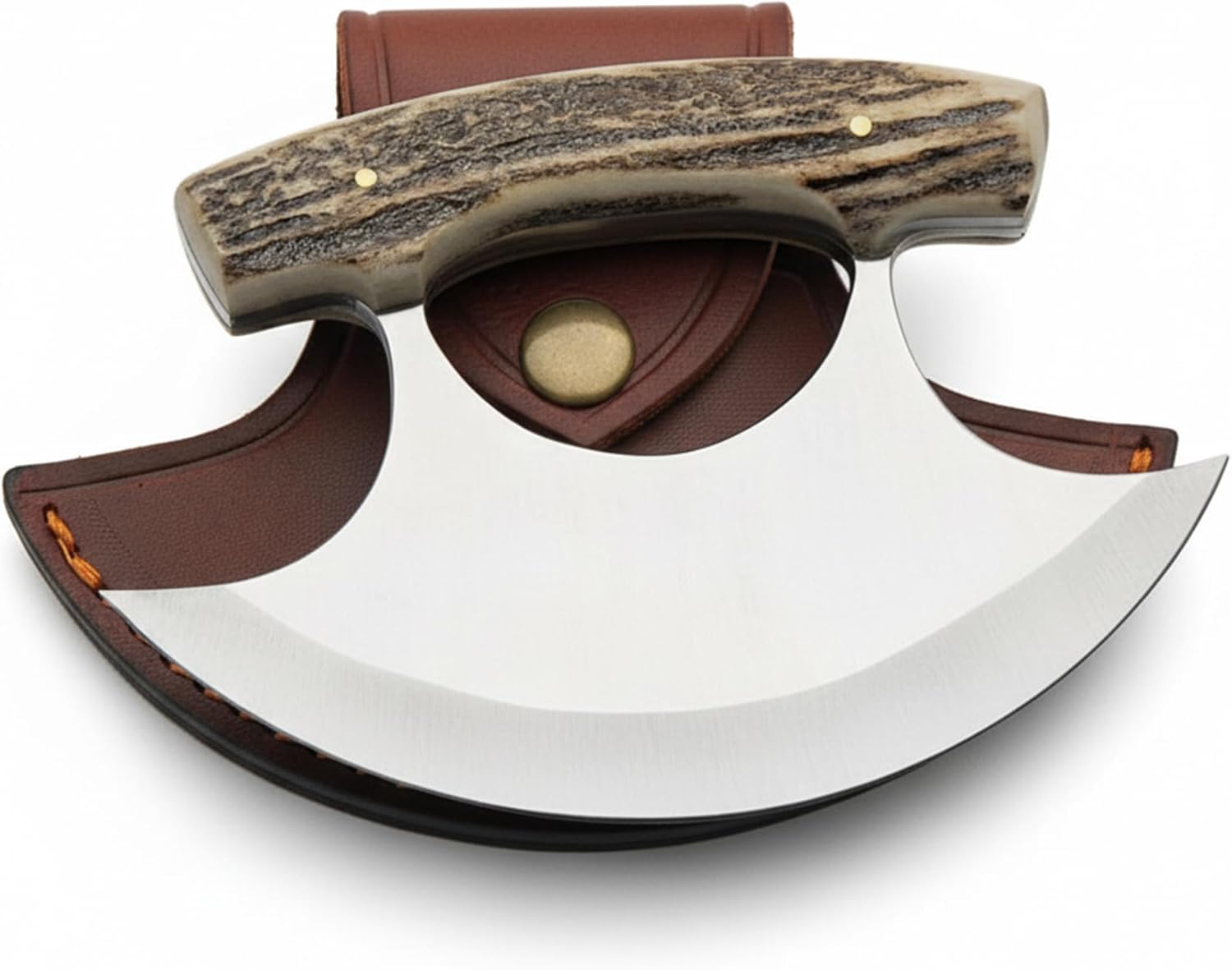 SZCO ULU Hunting Knife 5.5 Inch - Camping Knife with Bone Handle with Stag Tip, Stainless Steel Crescent Blade & Sheath - Pocket Knife for Cooking, Camping & Outdoor uses - Knives for Men